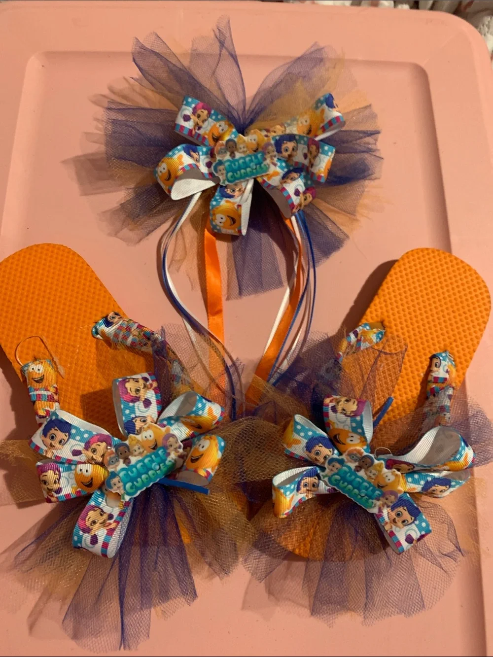 Girls Orange and Purple Character Flip Flops with Matching Headband